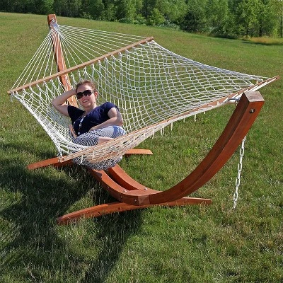 Sunnydaze Decor Sunnydaze Cotton Double Wide 2-Person Rope Hammock With Spreader Bars And Curved Arc Wood Stand - 400 Lb Weight Capacity /13' Stand 7 Sunnydaze Decor Sunnydaze Cotton Double Wide 2-Person Rope Hammock With Spreader Bars And Curved Arc Wood Stand - 400 Lb Weight Capacity /13' Stand - Image 5