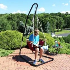 Sunnydaze Decor Sunnydaze Outdoor 1-Person Single Olefin Audrey Hammock Hanging Chair With Bamboo Armrest And Black Steel Stand - Red -Furniture GUEST 07e0e78e f5a6 48f8 ba42 6db3368c1ba7