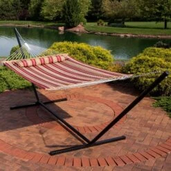 Sunnydaze Decor Sunnydaze 2-Person Quilted Fabric Spreader Bar Hammock With Detachable Pillow And Stand - 400 Lb Weight Capacity/15' Stand -Furniture GUEST 13a8ebce 4f48 4c95 a347 5f582f4fc94b