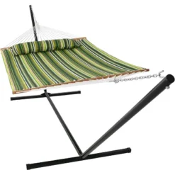 Sunnydaze Decor Sunnydaze 2-Person Quilted Fabric Spreader Bar Hammock With Detachable Pillow And Stand - 400 Lb Weight Capacity/15' Stand -Furniture GUEST 1440c3cb 7f32 4152 a08f 9d586efc3915