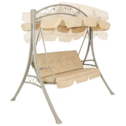 Sunnydaze Decor Sunnydaze Outdoor 3-Person Steel Patio Swing With Adjustable Canopy And Tufted Cushions, Beige -Furniture GUEST 1704b833 9100 4073 8ffe 25ca35e446e8