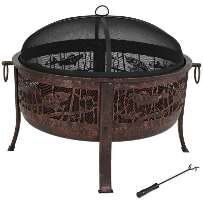Sunnydaze Decor Sunnydaze Outdoor Camping Or Backyard Steel Northwoods Fishing Fire Pit With Spark Screen - 30" - Bronze 7 Sunnydaze Decor Sunnydaze Outdoor Camping Or Backyard Steel Northwoods Fishing Fire Pit With Spark Screen - 30" - Bronze - Image 5