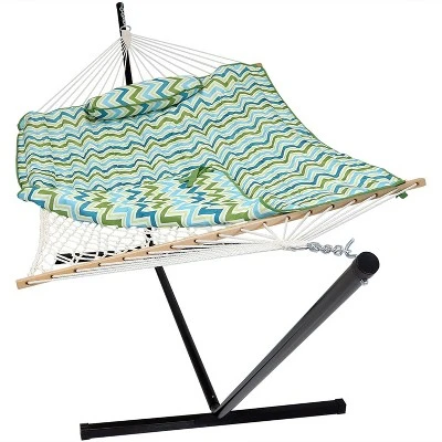 Sunnydaze Decor Sunnydaze Cotton Rope Freestanding Hammock With Spreader Bar With Portable Steel Stand And Pad And Pillow Set - 12' Stand 16 Sunnydaze Decor Sunnydaze Cotton Rope Freestanding Hammock With Spreader Bar With Portable Steel Stand And Pad And Pillow Set - 12' Stand - Image 14