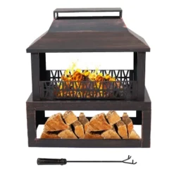 Sunnydaze Decor Sunnydaze Backyard Blaze Heavy-Duty Steel Outdoor Fireplace - Built-In Log Storage And Protective Cover - 35-Inch H - Brushed Bronze -Furniture GUEST 1b7ca899 5ddc 4f49 b872 7fc7adf3f921
