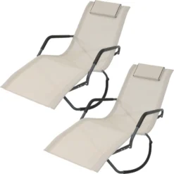 Sunnydaze Decor Sunnydaze Outdoor Folding Rocking Chaise Lounge Chair With Headrest Pillows - Beige - 2pk -Furniture GUEST 1d5e8edd 003e 4aa0 aba3 50669f57079b