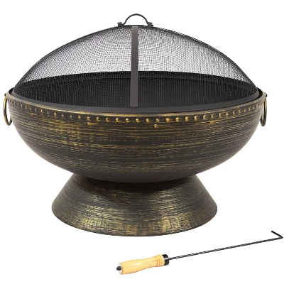 Sunnydaze Decor Sunnydaze Outdoor Camping Or Backyard Large Fire Pit Bowl With Spark Screen, Log Poker, And Metal Wood Grate - 30" - Bronze 8 Sunnydaze Decor Sunnydaze Outdoor Camping Or Backyard Large Fire Pit Bowl With Spark Screen, Log Poker, And Metal Wood Grate - 30" - Bronze - Image 6