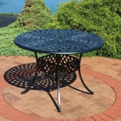 Sunnydaze Decor Sunnydaze Outdoor Crossweave Design Black Cast Aluminum Round Patio Dining Table With Umbrella Hole