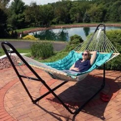 Sunnydaze Decor Sunnydaze Outdoor Weather-Resistant Polyester Quilted Hammock Cushion Pad And Hammock Pillow With Ties - Cool Blue Tropics -Furniture GUEST 26630b87 5189 4ecc 856b e1dedd348040