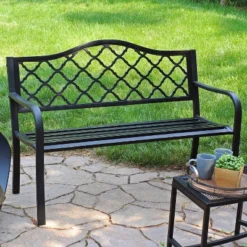 Sunnydaze Decor Sunnydaze 2-Person Lattice Design Black Cast Iron Outdoor Garden Bench -Furniture GUEST 26bec18b ee89 414b a52e 4f0d8c779f4d