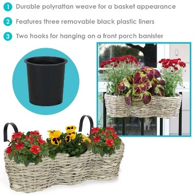 Sunnydaze Decor Sunnydaze Indoor/Outdoor Polyrattan Over-the-Rail Tri-Planter With 3 Round Black Plastic Liners - Frost 4 Sunnydaze Decor Sunnydaze Indoor/Outdoor Polyrattan Over-the-Rail Tri-Planter With 3 Round Black Plastic Liners - Frost - Image 2