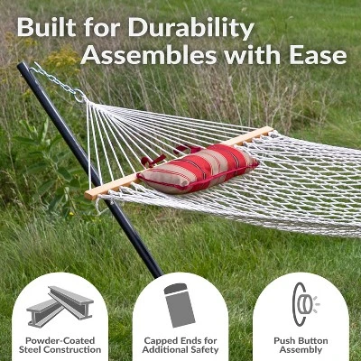 Sunnydaze Decor Sunnydaze Cotton Rope Freestanding Hammock With Spreader Bar With Portable Steel Stand And Pad And Pillow Set - 12' Stand 7 Sunnydaze Decor Sunnydaze Cotton Rope Freestanding Hammock With Spreader Bar With Portable Steel Stand And Pad And Pillow Set - 12' Stand - Image 5