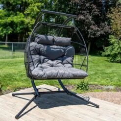 Sunnydaze Decor Sunnydaze Outdoor Andrei Double Egg Chair With Steel Stand And Polyester Cushion - Dark Gray - 74" -Furniture GUEST 3141e4ad 2546 46b8 bb63 d134187ce04d