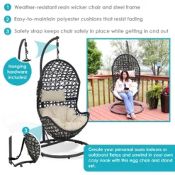 Sunnydaze Decor Sunnydaze Outdoor Resin Wicker Patio Cordelia Hanging Basket Egg Chair Swing With Cushion, Headrest, And Steel Stand Set - Beige - 3pc