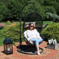 Sunnydaze Decor Sunnydaze Outdoor Resin Wicker Patio Cordelia Hanging Basket Egg Chair Swing With Cushion, Headrest, And Steel Stand Set - Beige - 3pc -Furniture GUEST 34030497 247e 4e7e ac31 a24ce0ad6be8