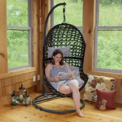 Sunnydaze Decor Sunnydaze Outdoor Resin Wicker Patio Cordelia Hanging Basket Egg Chair Swing With Cushion, Headrest, And Steel Stand Set- 3pc -Furniture GUEST 3bcef146 091f 4e60 9a61 e054ff3cd3ad