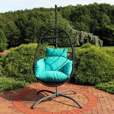 Sunnydaze Decor Sunnydaze Outdoor Resin Wicker Patio Penelope Hanging Basket Egg Chair Swing With Cushions, Headrest, And Steel Stand Set - 3pc 3 Sunnydaze Decor Sunnydaze Outdoor Resin Wicker Patio Penelope Hanging Basket Egg Chair Swing With Cushions, Headrest, And Steel Stand Set - 3pc