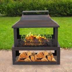 Sunnydaze Decor Sunnydaze Backyard Blaze Heavy-Duty Steel Outdoor Fireplace - Built-In Log Storage And Protective Cover - 35-Inch H - Brushed Bronze -Furniture GUEST 4a3ea2e3 f3c4 41dd b92c a56bae00aed6
