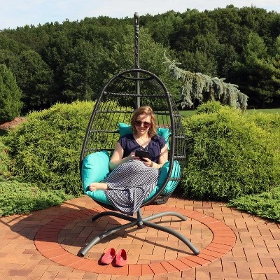 Sunnydaze Decor Sunnydaze Outdoor Resin Wicker Patio Penelope Hanging Basket Egg Chair Swing With Cushions, Headrest, And Steel Stand Set - 3pc 7 Sunnydaze Decor Sunnydaze Outdoor Resin Wicker Patio Penelope Hanging Basket Egg Chair Swing With Cushions, Headrest, And Steel Stand Set - 3pc - Image 5