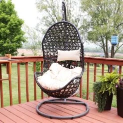 Sunnydaze Decor Sunnydaze Outdoor Resin Wicker Patio Cordelia Hanging Basket Egg Chair Swing With Cushion, Headrest, And Steel Stand Set - Beige - 3pc -Furniture GUEST 56ef32e3 f217 4ec2 9fe8 50d10236bab8