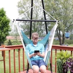 Sunnydaze Decor Sunnydaze Polyester Rope Hanging Caribbean-Style Hammock Chair Swing For Patio, Porch, Or Yard - Lagoon Stripes -Furniture GUEST 56f5c225 b1e6 4693 89dd 409c3c4822f9