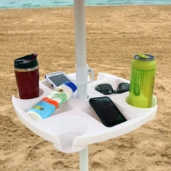 Sunnydaze Decor Sunnydaze Outdoor Drink And Snack Table With Tray Slots And 4 Cup Holders For Beach Umbrella Poles - White -Furniture GUEST 5eb09168 c834 476e 83d1 7b6f3c3b35c8
