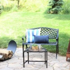 Sunnydaze Decor Sunnydaze 2-Person Checkered Design Cast Aluminum Outdoor Patio Bench, Black 18 Sunnydaze Decor Sunnydaze 2-Person Checkered Design Cast Aluminum Outdoor Patio Bench, Black -Furniture GUEST 64b6f49a bf21 4455 ad5d 9d901c1c76de