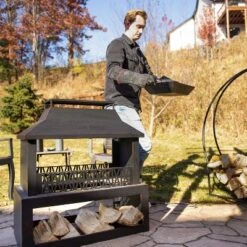 Sunnydaze Decor Sunnydaze Backyard Blaze Heavy-Duty Steel Outdoor Fireplace - Built-In Log Storage And Protective Cover - 35-Inch H - Brushed Bronze -Furniture GUEST 6b41d373 0557 4d95 8d25 293b515c2ab9