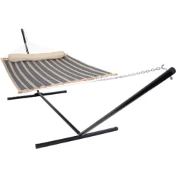 Sunnydaze Decor Sunnydaze 2-Person Quilted Fabric Spreader Bar Hammock With Detachable Pillow And Stand - 400 Lb Weight Capacity/15' Stand -Furniture GUEST 6cf6f08d 80ec 45b3 b016 8c3a2022b954
