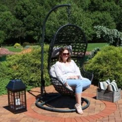 Sunnydaze Decor Sunnydaze Outdoor Resin Wicker Patio Cordelia Hanging Basket Egg Chair Swing With Cushion, Headrest, And Steel Stand Set- 3pc -Furniture GUEST 70f0b8f9 db0c 4dad bdec 9866bbbf4e11