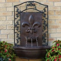 Furniture 34 Sunnydaze Decor Sunnydaze 33"H Solar-Powered Polystone French Lily Design Outdoor Wall-Mount Water Fountain