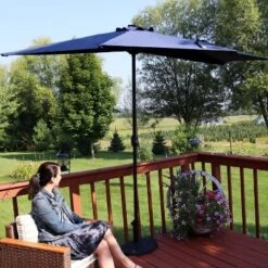 Sunnydaze Decor Sunnydaze Solar Outdoor Half Patio Umbrella With LED Lights And Crank - 9' - Navy Blue -Furniture GUEST 7b3cca7d a1c4 43a4 a144 a2d55836ca97