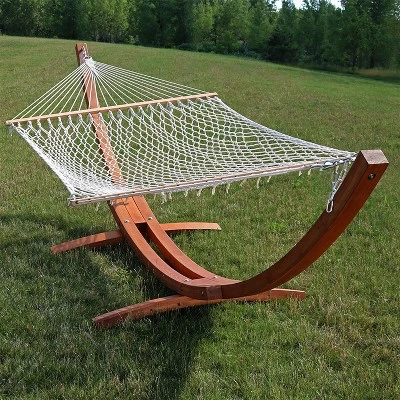 Sunnydaze Decor Sunnydaze Cotton Double Wide 2-Person Rope Hammock With Spreader Bars And Curved Arc Wood Stand - 400 Lb Weight Capacity /13' Stand 3 Sunnydaze Decor Sunnydaze Cotton Double Wide 2-Person Rope Hammock With Spreader Bars And Curved Arc Wood Stand - 400 Lb Weight Capacity /13' Stand