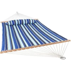 Sunnydaze Decor Sunnydaze Outdoor 2-Person Double Polyester Quilted Hammock With Wood Spreader Bar And Matte Blue Steel Multi-Use Stand - Catalina Beach -Furniture GUEST 7bf6b787 f7cb 4f8c b8c0 7103522058c9