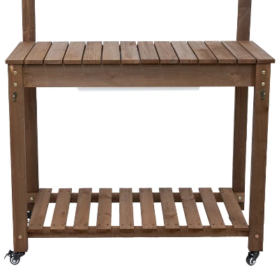 Sunnydaze Decor Sunnydaze Wooden Wheeled Garden Potting Bench With Dry Sink, Storage Shelves, And Tool Hooks - Brown 3 Sunnydaze Decor Sunnydaze Wooden Wheeled Garden Potting Bench With Dry Sink, Storage Shelves, And Tool Hooks - Brown