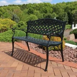 Sunnydaze Decor Sunnydaze 2-Person Checkered Design Cast Aluminum Outdoor Patio Bench, Black 19 Sunnydaze Decor Sunnydaze 2-Person Checkered Design Cast Aluminum Outdoor Patio Bench, Black -Furniture GUEST 7fa4dc41 91cb 407d 80e5 e4f77acae430