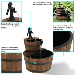 Sunnydaze Decor Sunnydaze Electric Fir Wood 2-Tier Farmhouse Barrel With Metal Decorative Hand Pump Outdoor Water Fountain