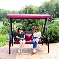 Sunnydaze Decor Sunnydaze 3-Person Outdoor Patio Swing With Adjustable Canopy Shade, Foldable Side Tables, Cushions And Pillow, Merlot -Furniture GUEST 81ff8999 1942 4aa6 99fd 3ea688334ce7