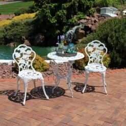 Sunnydaze Decor Sunnydaze Flower Design Cast Aluminum Bistro Set With Cast Iron Legs, White, 3pc -Furniture GUEST 8311e3fe f647 4b2c 8f52 550dd920202f