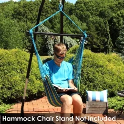 Sunnydaze Decor Sunnydaze Hanging Rope Hammock Chair Swing With Collapsible Bar For Backyard And Patio - 265 Lb Weight Capacity - Ocean Breeze -Furniture GUEST 849a6685 9e76 44a3 96c8 0ef89693960b