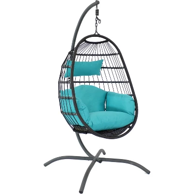 Sunnydaze Decor Sunnydaze Outdoor Resin Wicker Patio Penelope Hanging Basket Egg Chair Swing With Cushions, Headrest, And Steel Stand Set - 3pc 9 Sunnydaze Decor Sunnydaze Outdoor Resin Wicker Patio Penelope Hanging Basket Egg Chair Swing With Cushions, Headrest, And Steel Stand Set - 3pc - Image 7