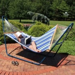 Sunnydaze Decor Sunnydaze Outdoor 2-Person Double Polyester Quilted Hammock With Wood Spreader Bar And Matte Blue Steel Multi-Use Stand - Catalina Beach -Furniture GUEST 8a71b1de 7636 4ca6 aac0 01db0881a73a