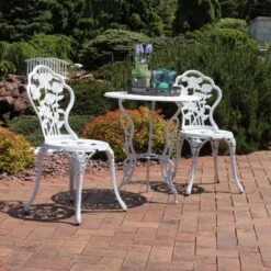Sunnydaze Decor Sunnydaze Flower Design Cast Aluminum Bistro Set With Cast Iron Legs, White, 3pc -Furniture GUEST 8d189da7 b6ee 41bd baa4 fd76ce936875