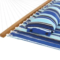 Sunnydaze Decor Sunnydaze Outdoor 2-Person Double Polyester Quilted Hammock With Wood Spreader Bar And Matte Blue Steel Multi-Use Stand - Catalina Beach -Furniture GUEST 8fae69ba 6c30 4966 bcc6 e67e7c2b0810