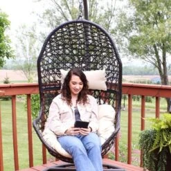 Sunnydaze Decor Sunnydaze Outdoor Resin Wicker Patio Cordelia Hanging Basket Egg Chair Swing With Cushion And Headrest - 2pc -Furniture GUEST 9150082e be23 4be9 be3e ca18c3ef9fde