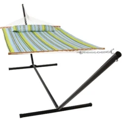 Sunnydaze Decor Sunnydaze 2-Person Quilted Fabric Spreader Bar Hammock With Detachable Pillow And Stand - 400 Lb Weight Capacity/15' Stand -Furniture GUEST 91ababe6 e5a9 472f 997d c3b0b5adbf2e