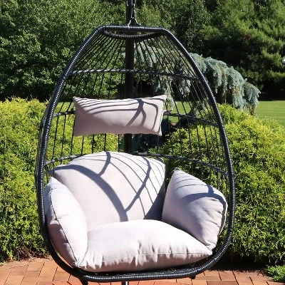 Sunnydaze Decor Sunnydaze Outdoor Resin Wicker Patio Oliver Lounge Hanging Basket Egg Chair Swing With Cushions And Headrest - Gray - 2pc 3 Sunnydaze Decor Sunnydaze Outdoor Resin Wicker Patio Oliver Lounge Hanging Basket Egg Chair Swing With Cushions And Headrest - Gray - 2pc