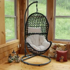 Sunnydaze Decor Sunnydaze Outdoor Resin Wicker Patio Cordelia Hanging Basket Egg Chair Swing With Cushion, Headrest, And Steel Stand Set - Beige - 3pc -Furniture GUEST 95713d92 7d54 4d67 b21d e6e87b5930c4