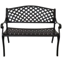 Sunnydaze Decor Sunnydaze 2-Person Checkered Design Cast Aluminum Outdoor Patio Bench, Black