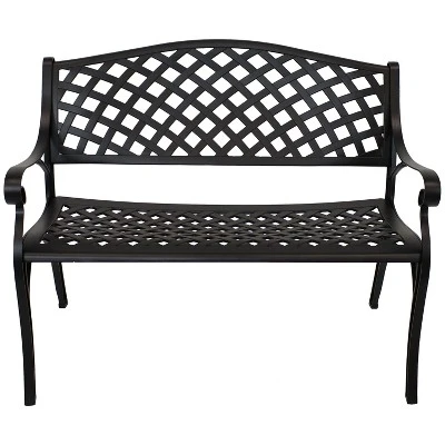 Sunnydaze Decor Sunnydaze 2-Person Checkered Design Cast Aluminum Outdoor Patio Bench, Black 3 Sunnydaze Decor Sunnydaze 2-Person Checkered Design Cast Aluminum Outdoor Patio Bench, Black