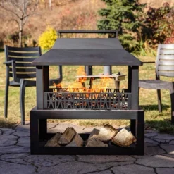 Sunnydaze Decor Sunnydaze Backyard Blaze Heavy-Duty Steel Outdoor Fireplace - Built-In Log Storage And Protective Cover - 35-Inch H - Brushed Bronze -Furniture GUEST 9a398a06 cd26 4699 8cdf f9d5bee38e0a